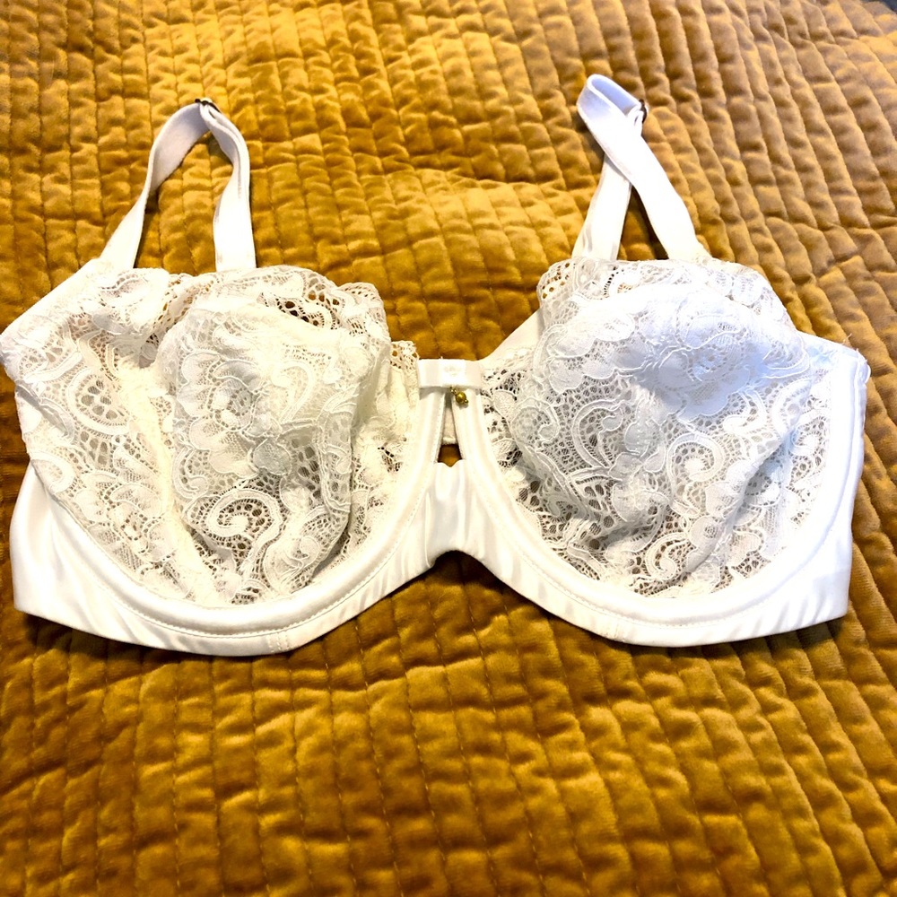 Panache Black: White Lace Balconette Bra 32E/DDD